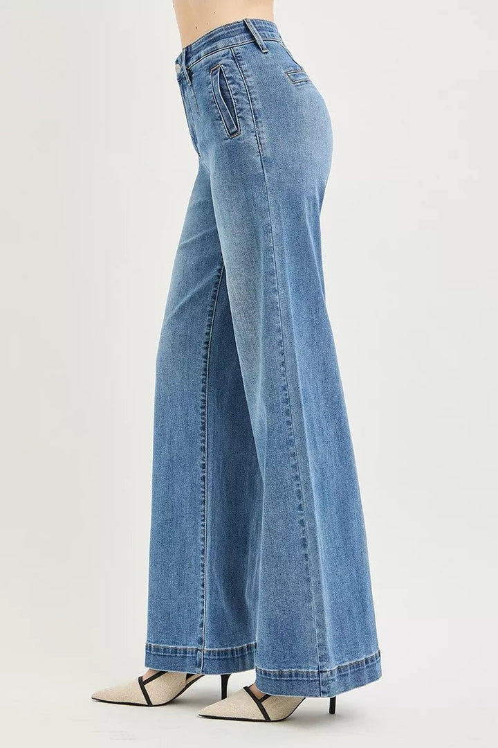 RISEN High Rise Wide Leg Jeans with Tummy Control Elastic Band - AMVIM