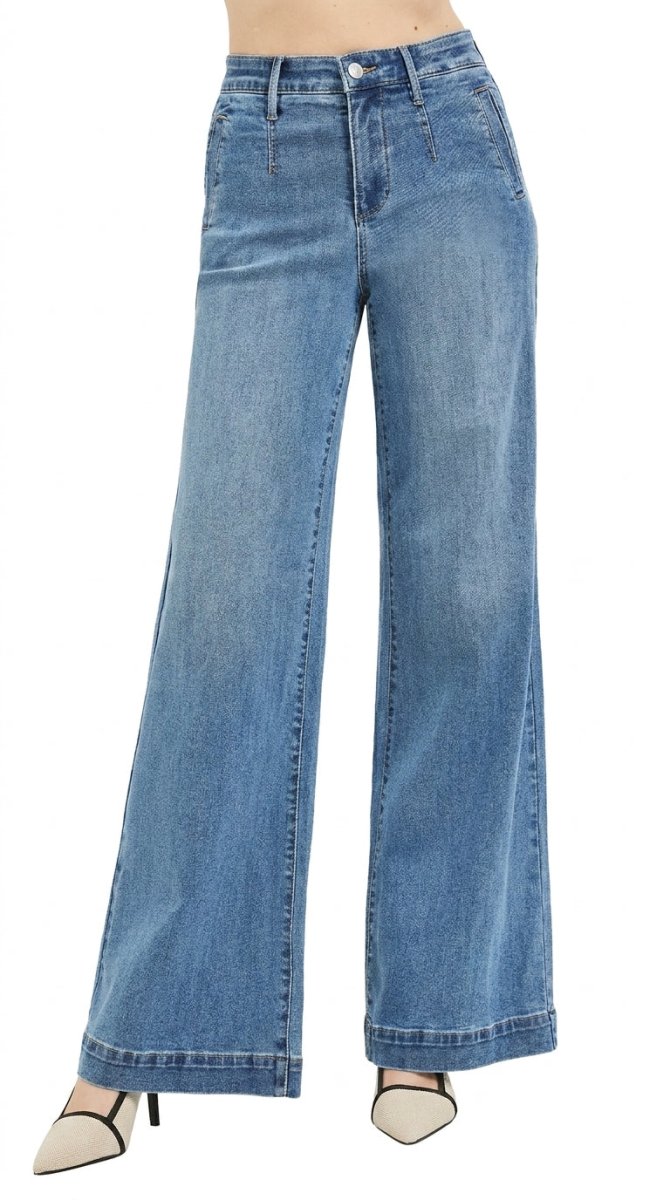 RISEN High Rise Wide Leg Jeans with Tummy Control Elastic Band - AMVIM