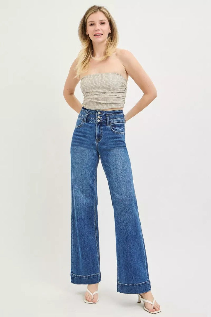RISEN High Rise Wide Leg Jeans with Wide Band Detail - AMVIM