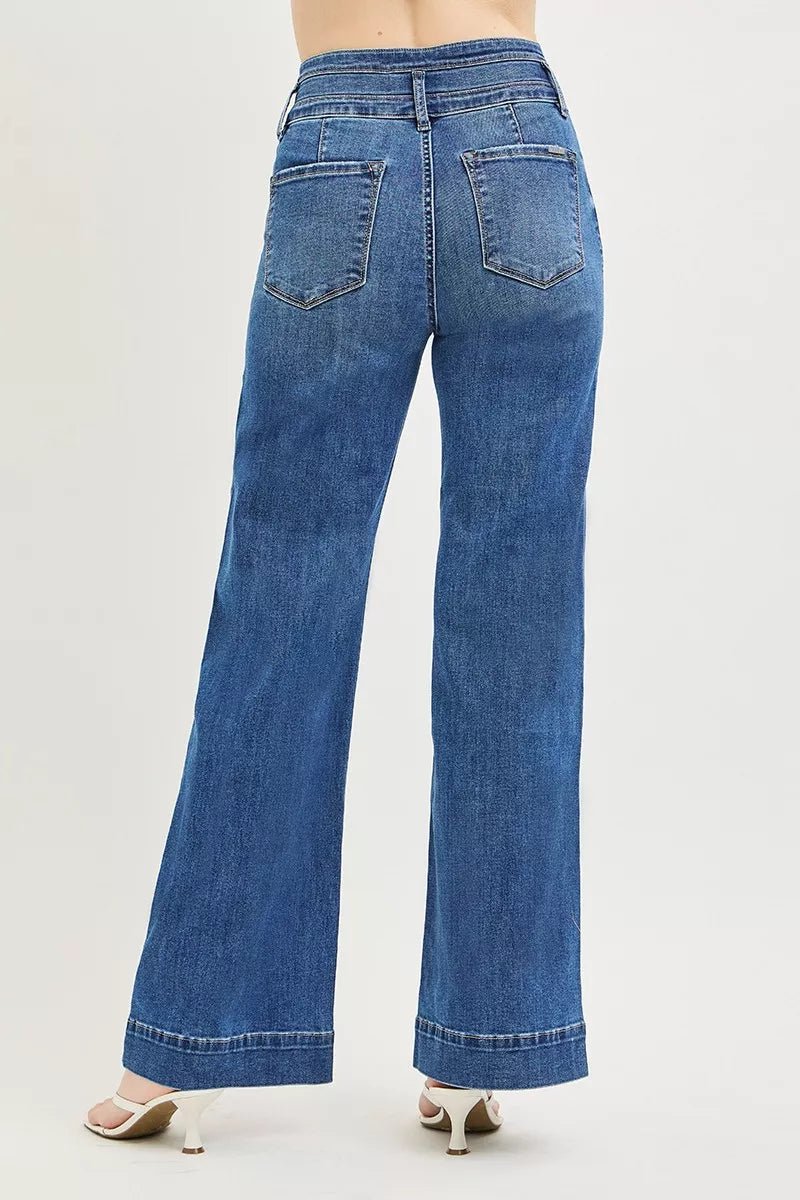 RISEN High Rise Wide Leg Jeans with Wide Band Detail - AMVIM