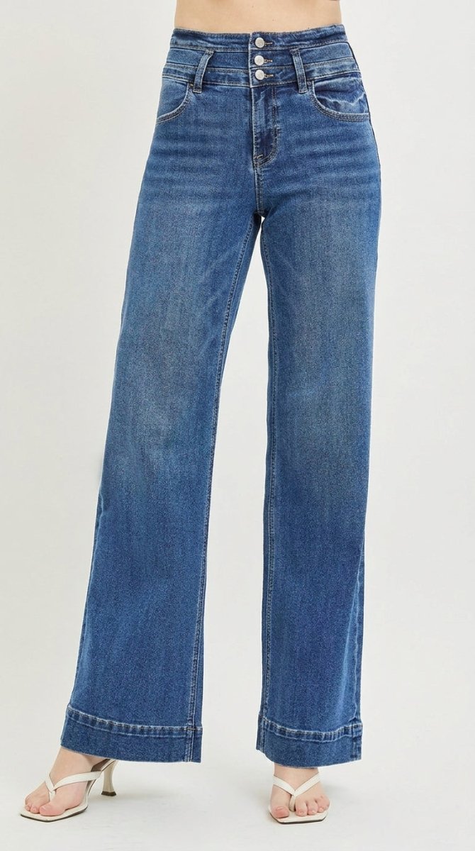 RISEN High Rise Wide Leg Jeans with Wide Band Detail - AMVIM