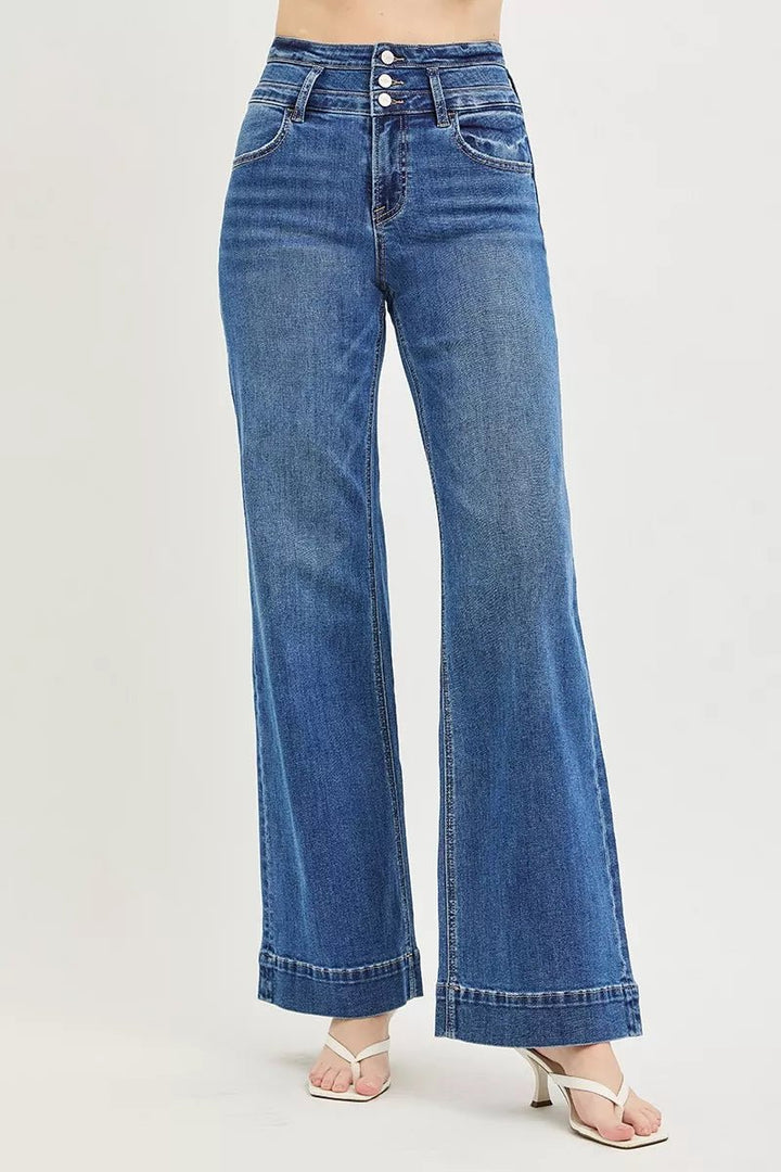 RISEN High Rise Wide Leg Jeans with Wide Band Detail - AMVIM