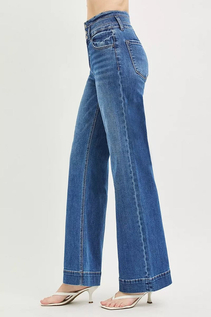 RISEN High Rise Wide Leg Jeans with Wide Band Detail - AMVIM