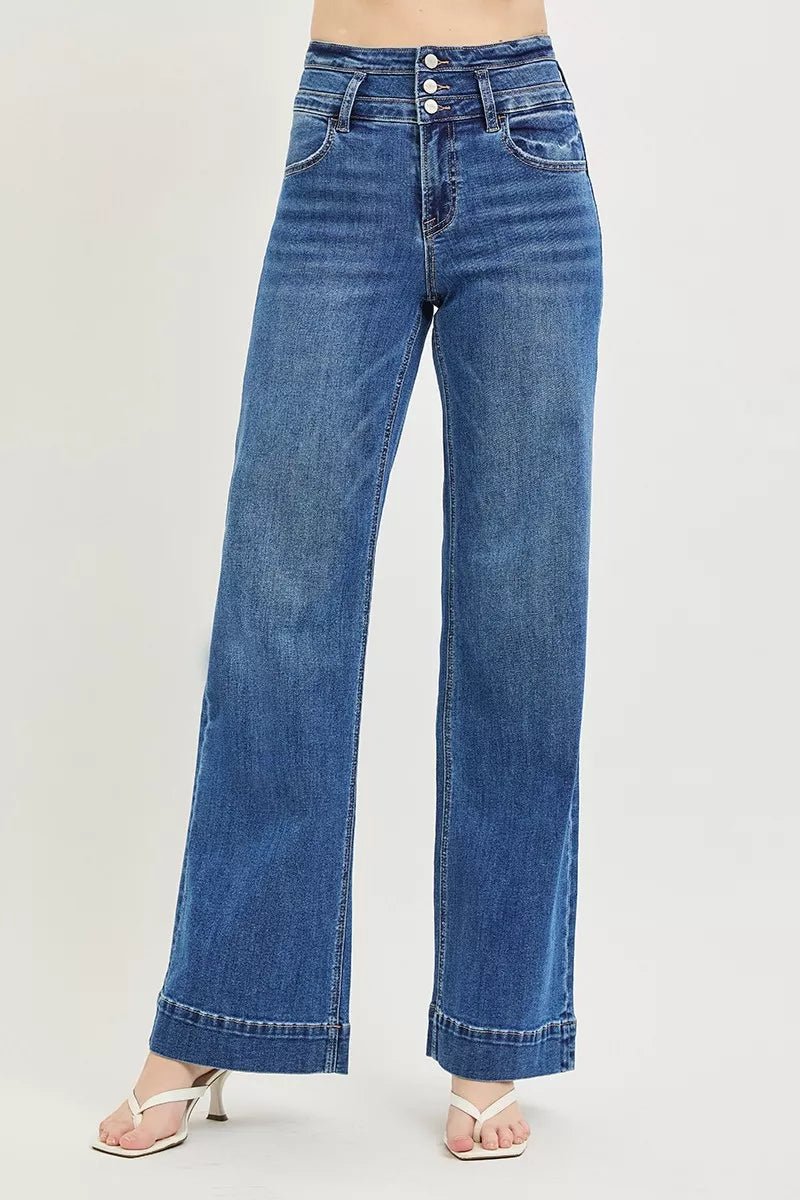 RISEN High Rise Wide Leg Jeans with Wide Band Detail - AMVIM
