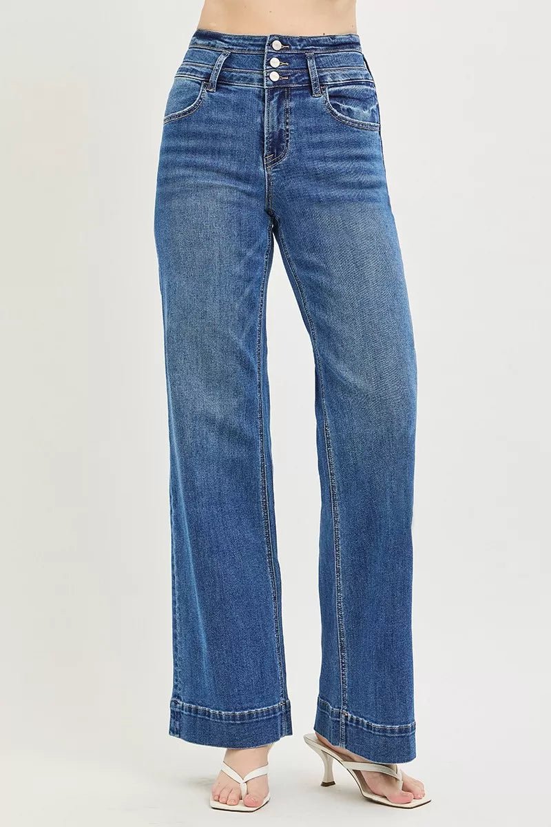 RISEN High Rise Wide Leg Jeans with Wide Band Detail - AMVIM