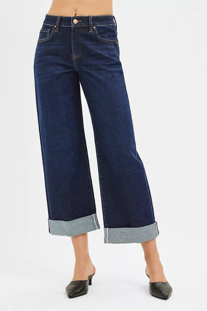 RISEN Mid Rise Ankle Wide Roll-Up Jeans - AMVIM