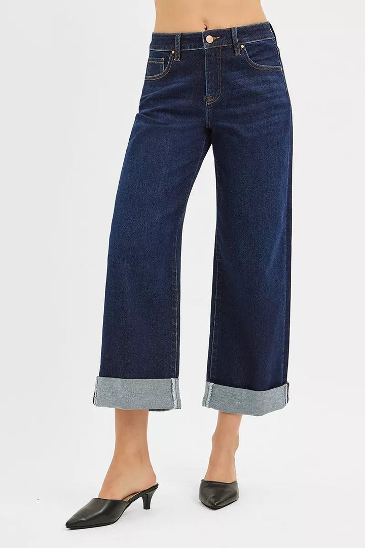 RISEN Mid Rise Ankle Wide Roll-Up Jeans - AMVIM