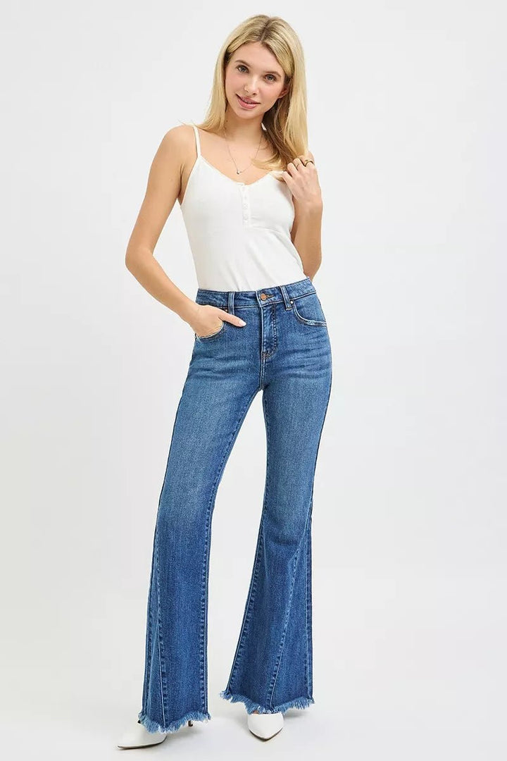 RISEN Mid Rise Flare Jeans with Side Seam Detailing - AMVIM
