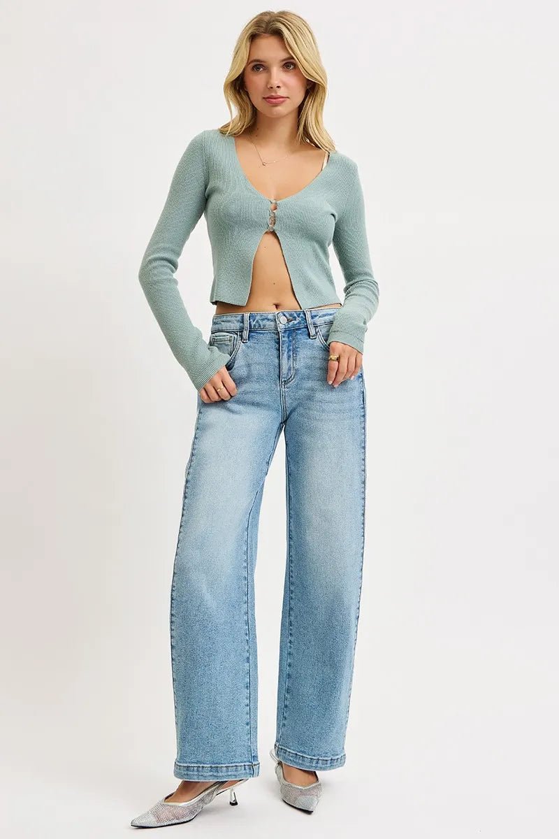 RISEN Mid Rise Wide Barrel Transferable Leg Snap Jeans - AMVIM
