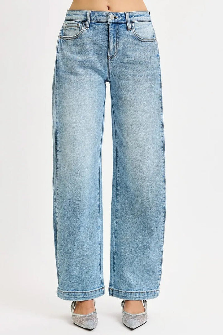 RISEN Mid Rise Wide Barrel Transferable Leg Snap Jeans - AMVIM