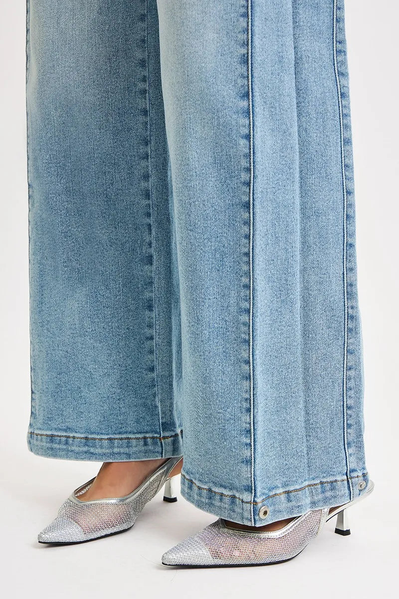 RISEN Mid Rise Wide Barrel Transferable Leg Snap Jeans - AMVIM