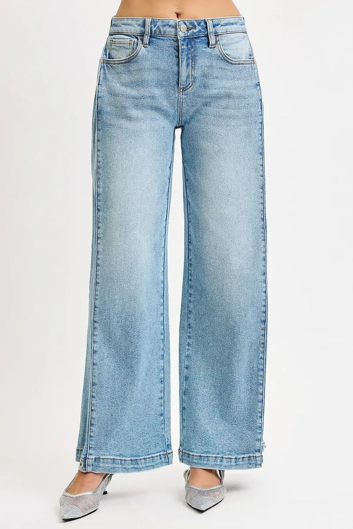 RISEN Mid Rise Wide Barrel Transferable Leg Snap Jeans - AMVIM