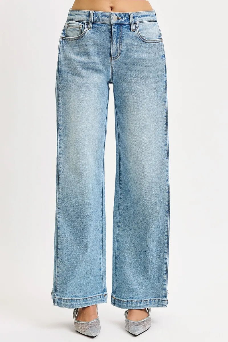 RISEN Mid Rise Wide Barrel Transferable Leg Snap Jeans - AMVIM