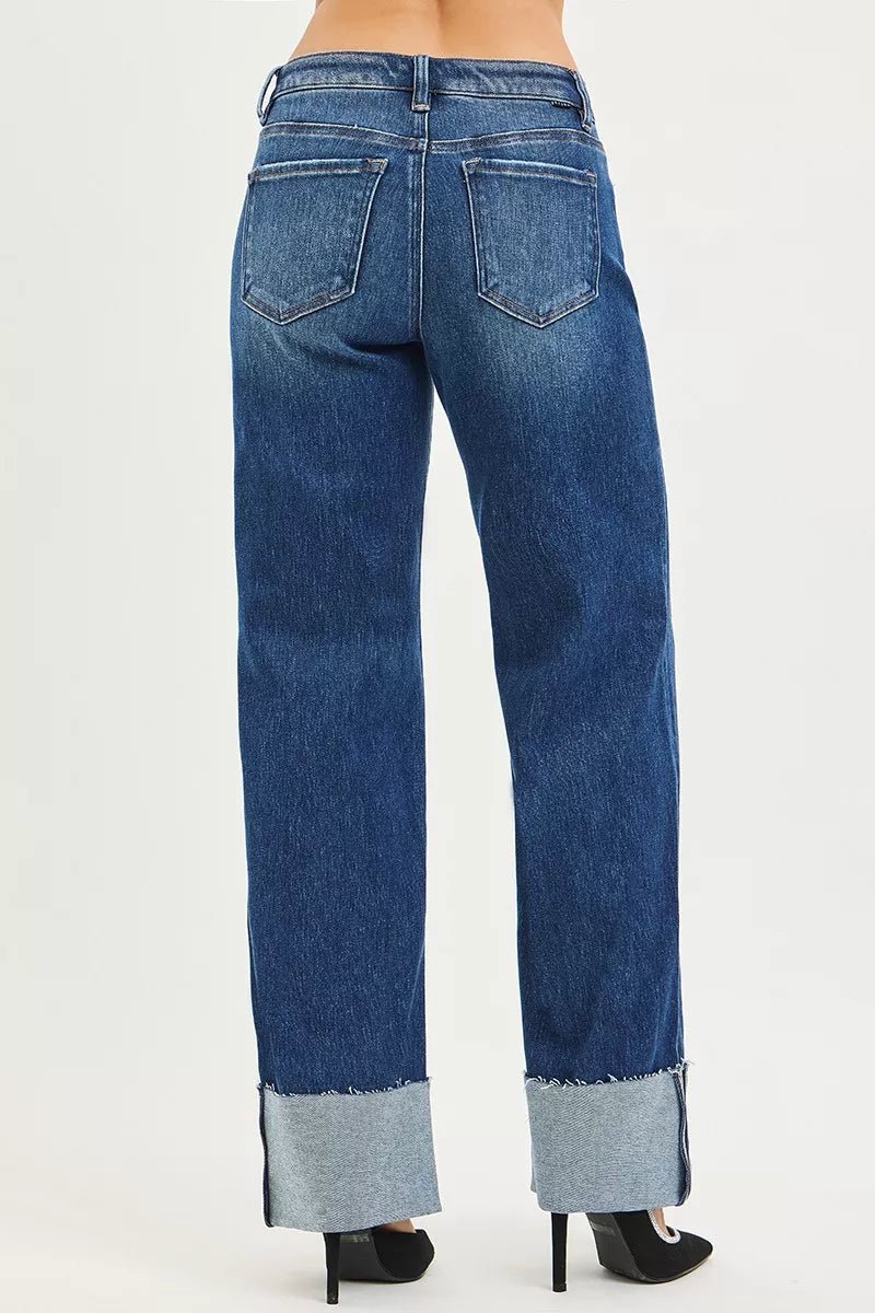 RISEN Mid Rise Wide Straight Jeans with Cuffed Hem - AMVIM