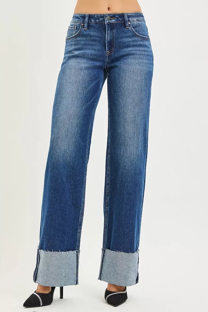 RISEN Mid Rise Wide Straight Jeans with Cuffed Hem - AMVIM