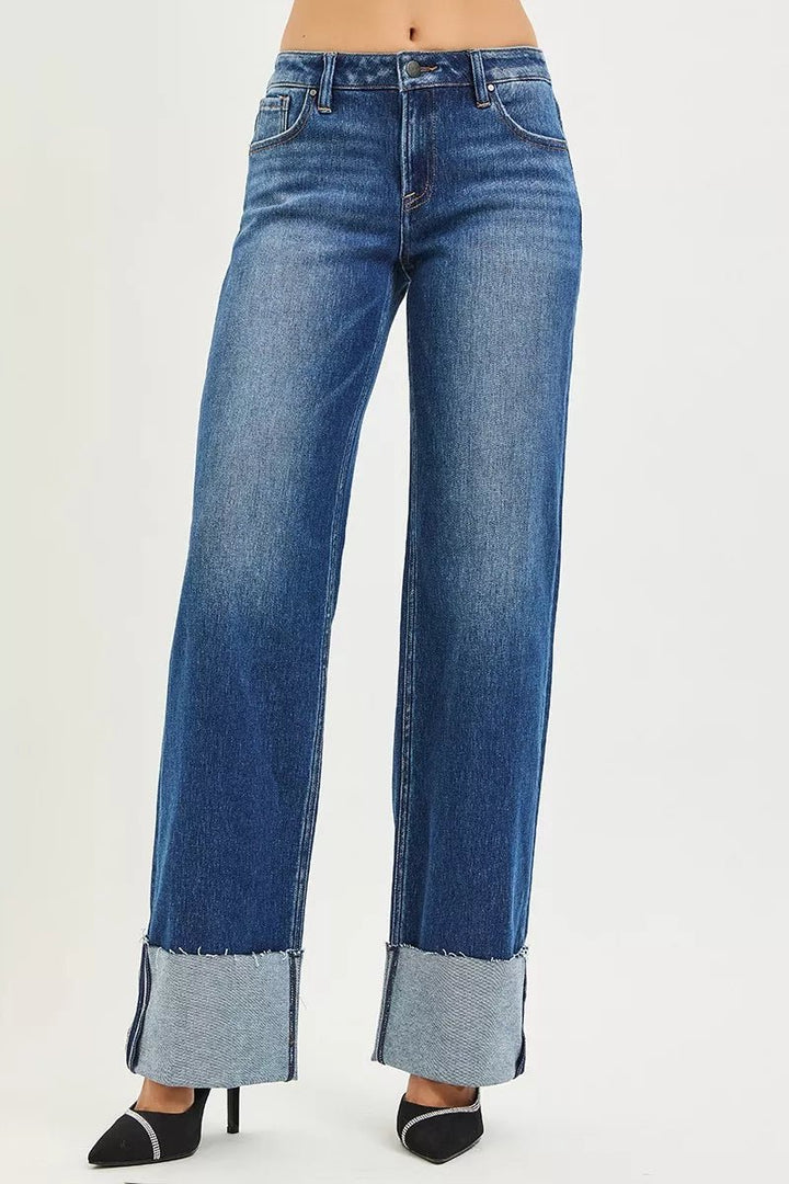 RISEN Mid Rise Wide Straight Jeans with Cuffed Hem - AMVIM