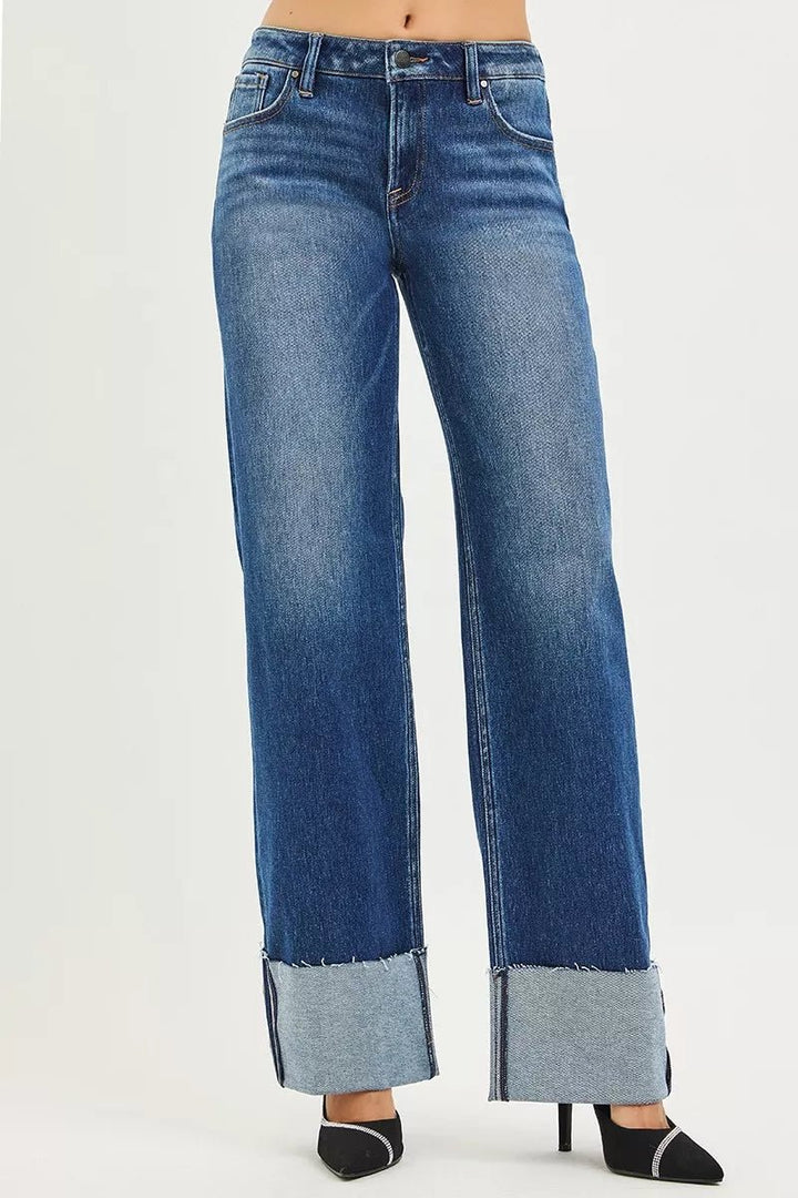 RISEN Mid Rise Wide Straight Jeans with Cuffed Hem - AMVIM