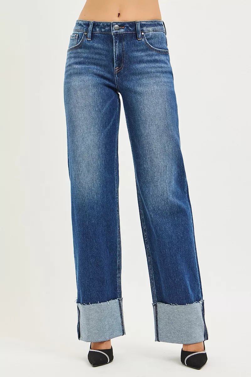 RISEN Mid Rise Wide Straight Jeans with Cuffed Hem - AMVIM