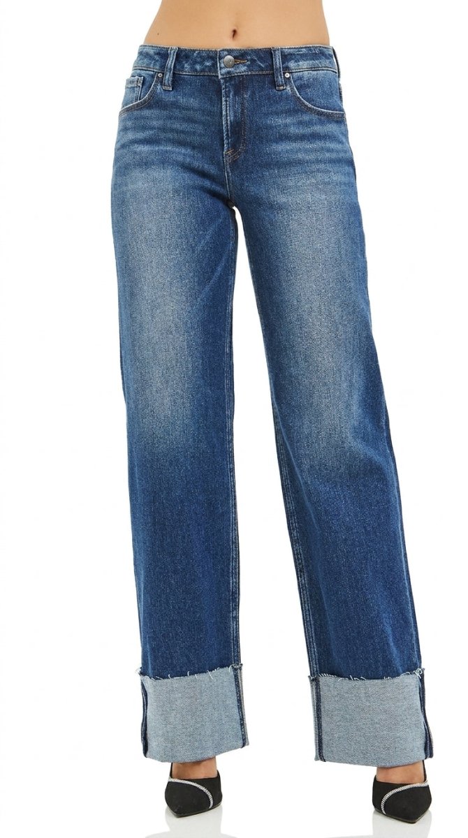 RISEN Mid Rise Wide Straight Jeans with Cuffed Hem - AMVIM