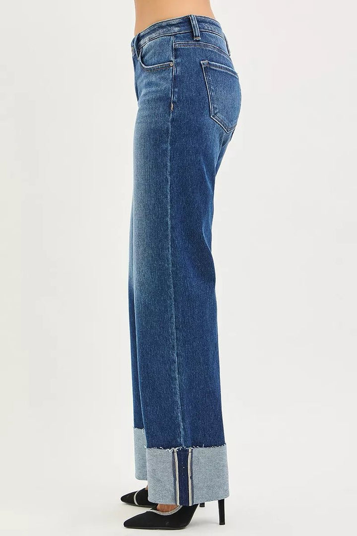 RISEN Mid Rise Wide Straight Jeans with Cuffed Hem - AMVIM