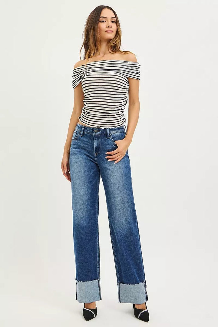 RISEN Mid Rise Wide Straight Jeans with Cuffed Hem - AMVIM