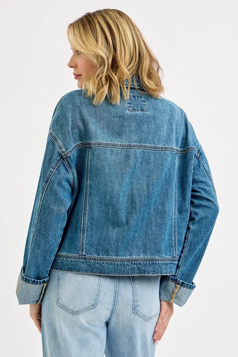 RISEN Oversized Cargo Pocket Denim Jacket with Cuffed Sleeves - AMVIM
