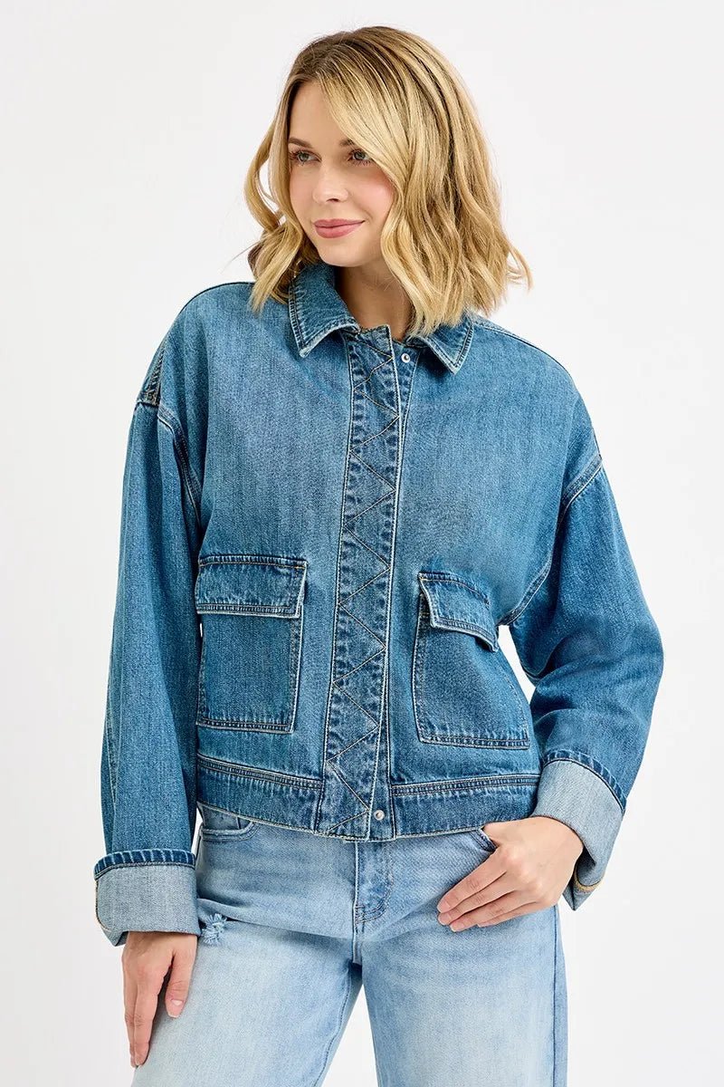 RISEN Oversized Cargo Pocket Denim Jacket with Cuffed Sleeves - AMVIM