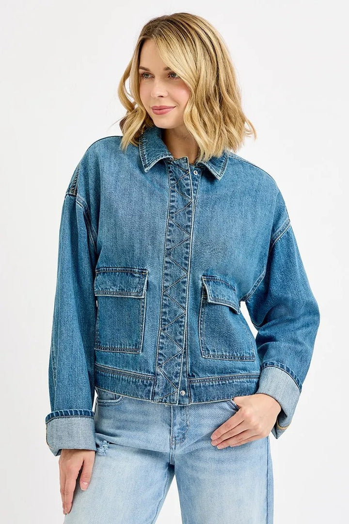 RISEN Oversized Cargo Pocket Denim Jacket with Cuffed Sleeves - AMVIM