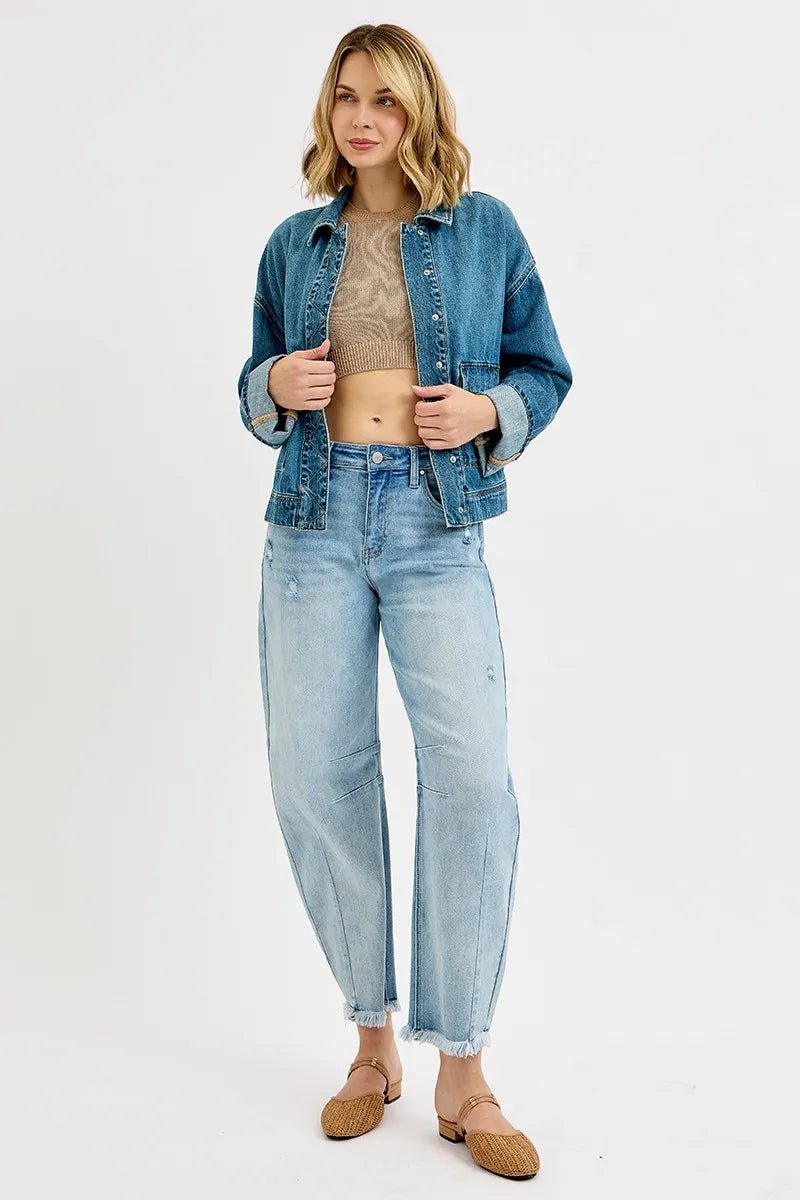 RISEN Oversized Cargo Pocket Denim Jacket with Cuffed Sleeves - AMVIM