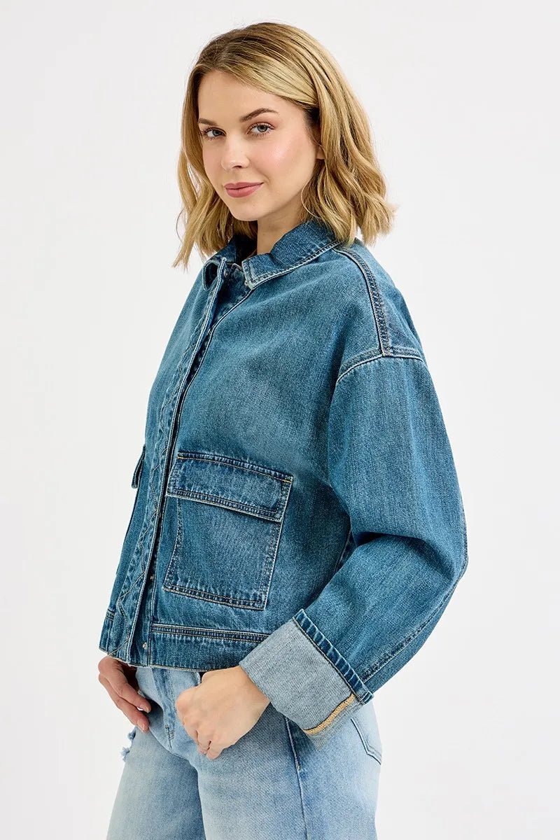 RISEN Oversized Cargo Pocket Denim Jacket with Cuffed Sleeves - AMVIM