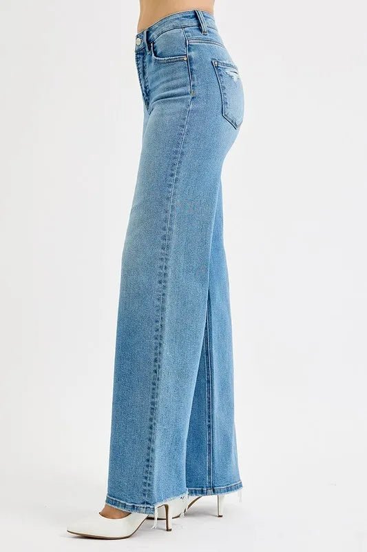 RISEN Plus Size Distressed Wide Leg Jeans - AMVIM