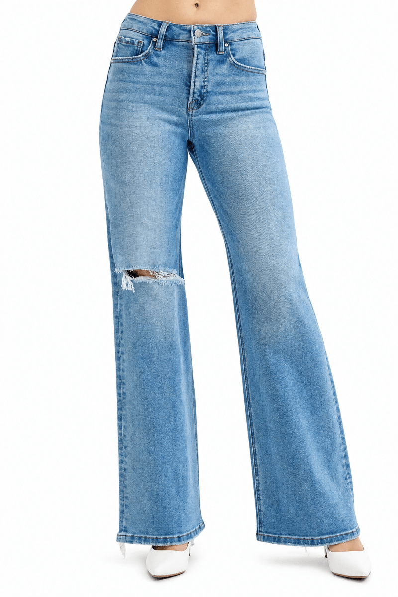 RISEN Plus Size Distressed Wide Leg Jeans - AMVIM