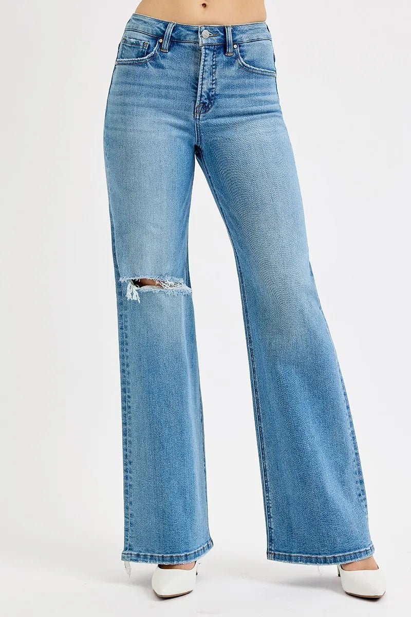 RISEN Plus Size Distressed Wide Leg Jeans - AMVIM
