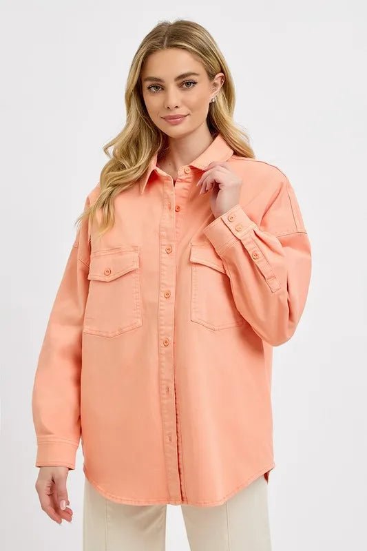 RISEN Plus Size Full Button Down Long Sleeve Denim Shacket with Chest Pockets - AMVIM