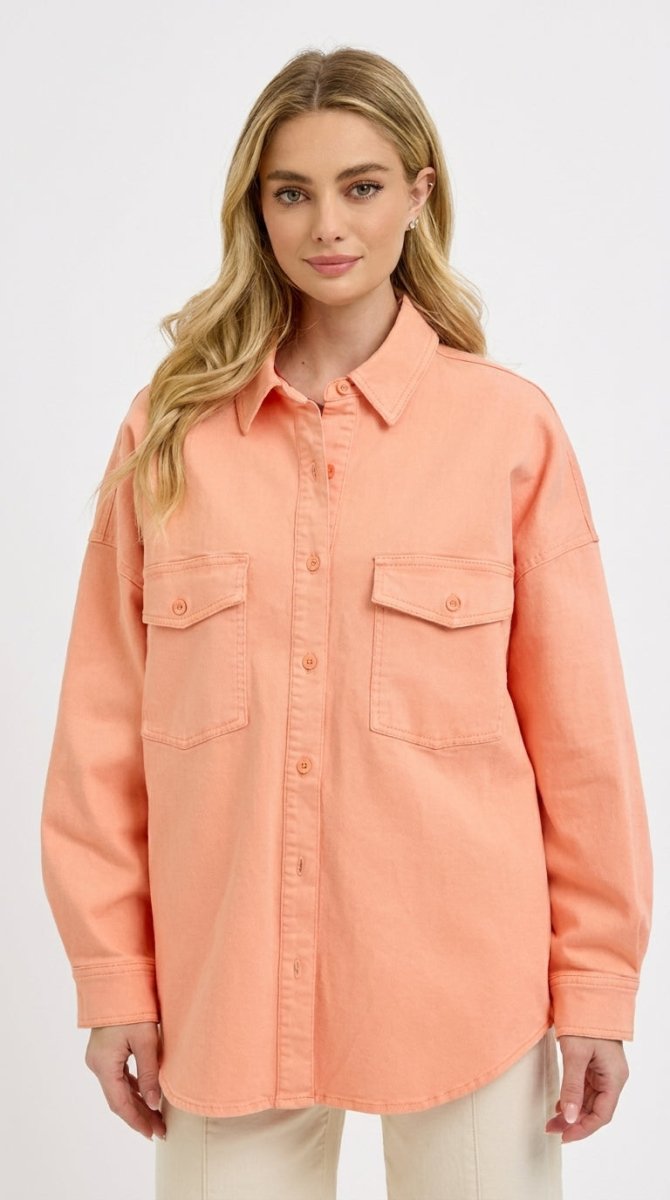RISEN Plus Size Full Button Down Long Sleeve Denim Shacket with Chest Pockets - AMVIM