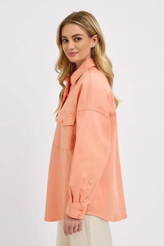 RISEN Plus Size Full Button Down Long Sleeve Denim Shacket with Chest Pockets - AMVIM