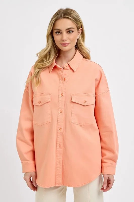 RISEN Plus Size Full Button Down Long Sleeve Denim Shacket with Chest Pockets - AMVIM