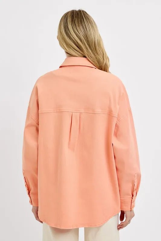 RISEN Plus Size Full Button Down Long Sleeve Denim Shacket with Chest Pockets - AMVIM