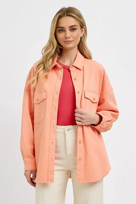 RISEN Plus Size Full Button Down Long Sleeve Denim Shacket with Chest Pockets - AMVIM