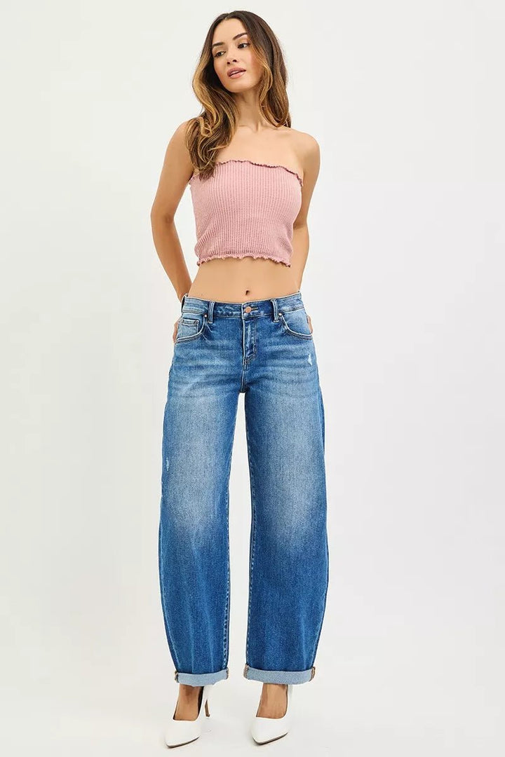 RISEN Plus Size Full Length Mid Rise Barrel Double Roll Up Jeans - AMVIM