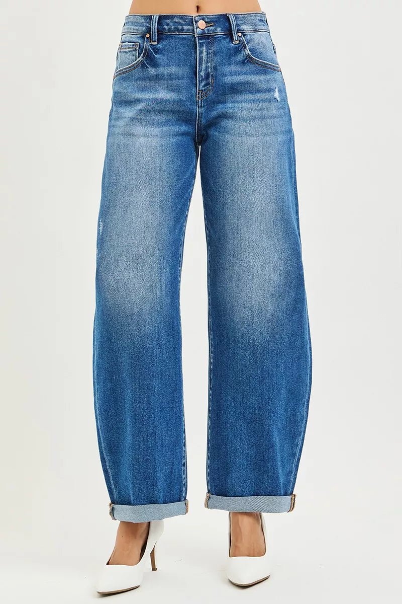 RISEN Plus Size Full Length Mid Rise Barrel Double Roll Up Jeans - AMVIM