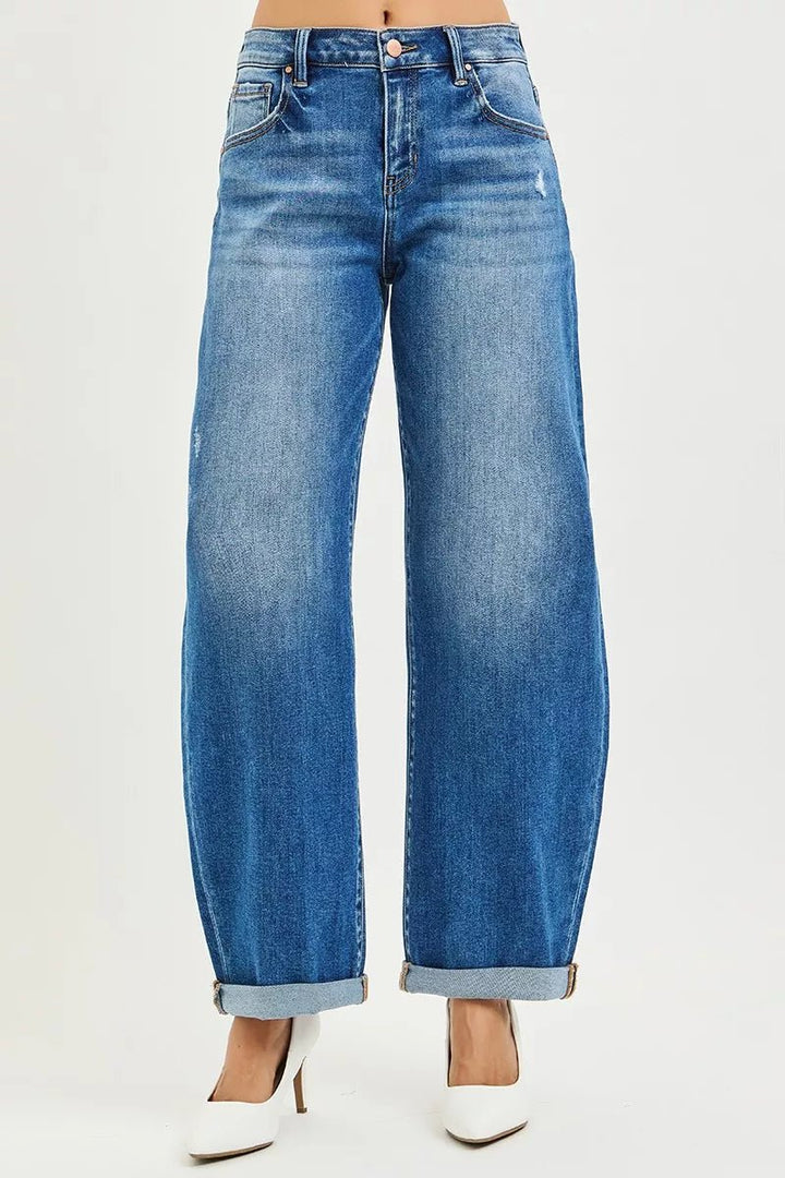RISEN Plus Size Full Length Mid Rise Barrel Double Roll Up Jeans - AMVIM