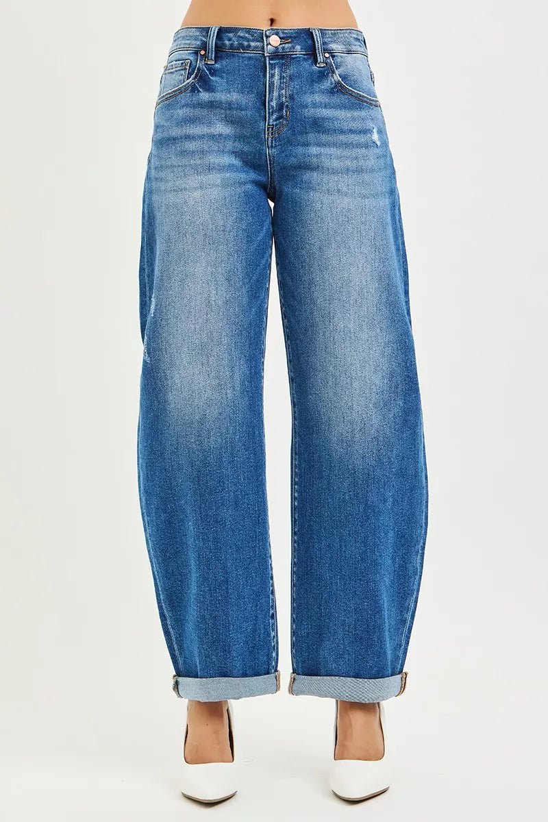 RISEN Plus Size Full Length Mid Rise Barrel Double Roll Up Jeans - AMVIM