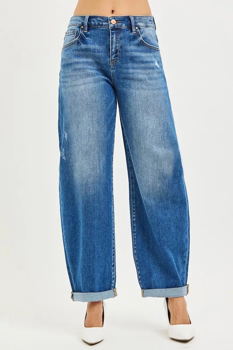 RISEN Plus Size Full Length Mid Rise Barrel Double Roll Up Jeans - AMVIM