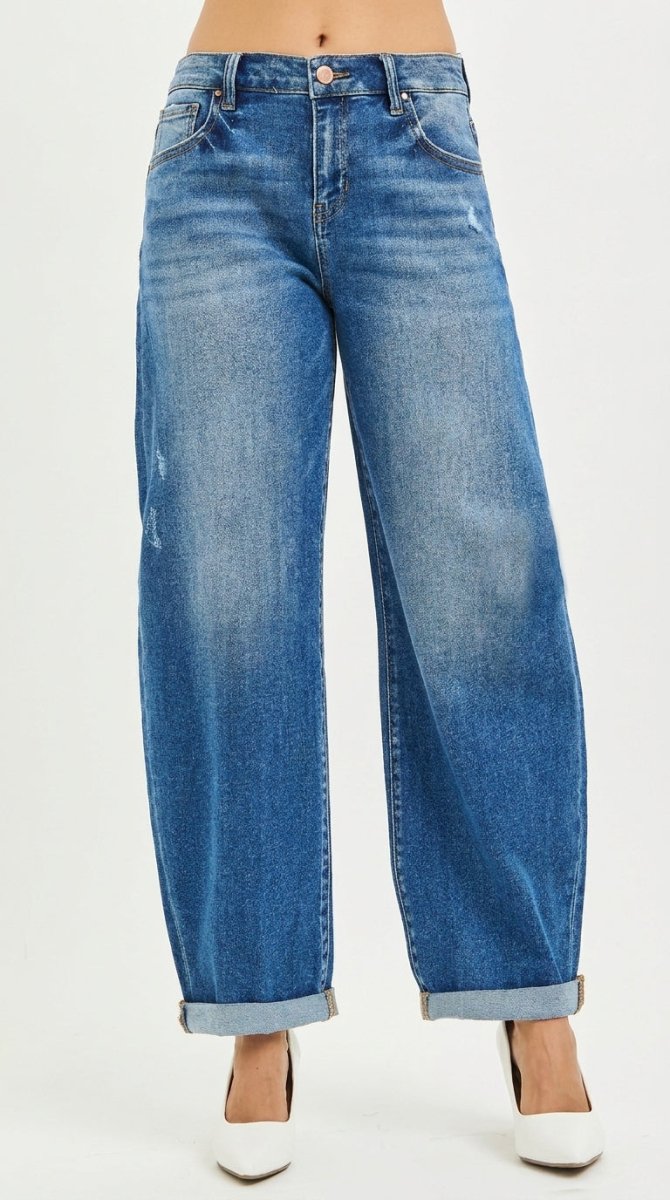 RISEN Plus Size Full Length Mid Rise Barrel Double Roll Up Jeans - AMVIM