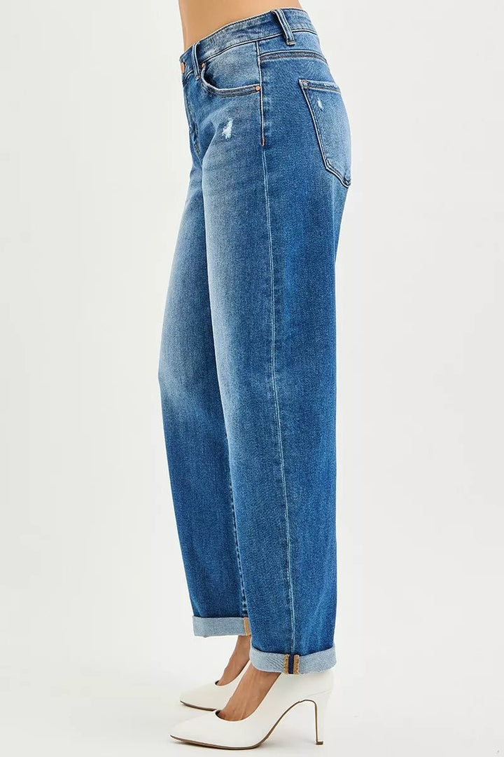 RISEN Plus Size Full Length Mid Rise Barrel Double Roll Up Jeans - AMVIM