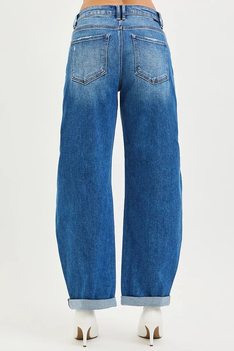 RISEN Plus Size Full Length Mid Rise Barrel Double Roll Up Jeans - AMVIM