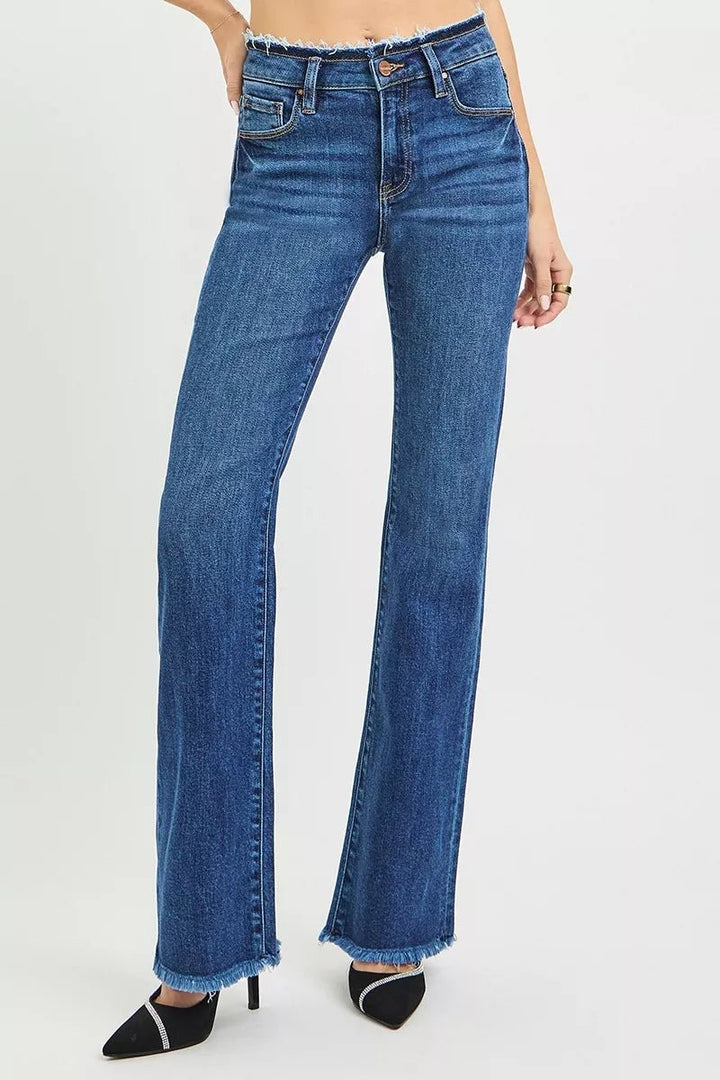 RISEN Plus Size Full Length Mid Rise Bootcut Jeans with Frayed Waistband Hem Detail - AMVIM