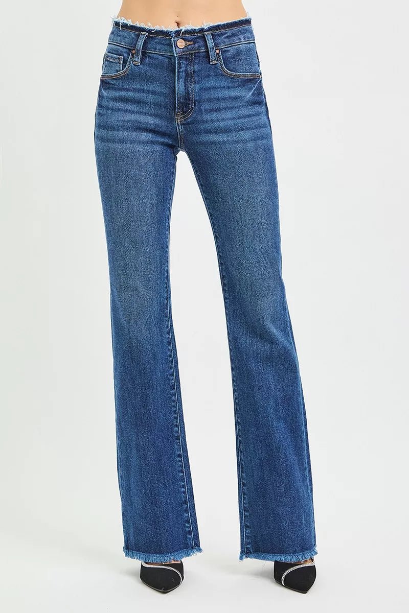 RISEN Plus Size Full Length Mid Rise Bootcut Jeans with Frayed Waistband Hem Detail - AMVIM