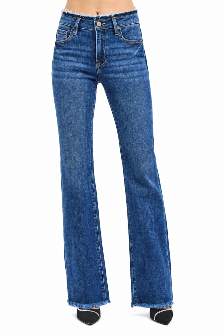 RISEN Plus Size Full Length Mid Rise Bootcut Jeans with Frayed Waistband Hem Detail - AMVIM